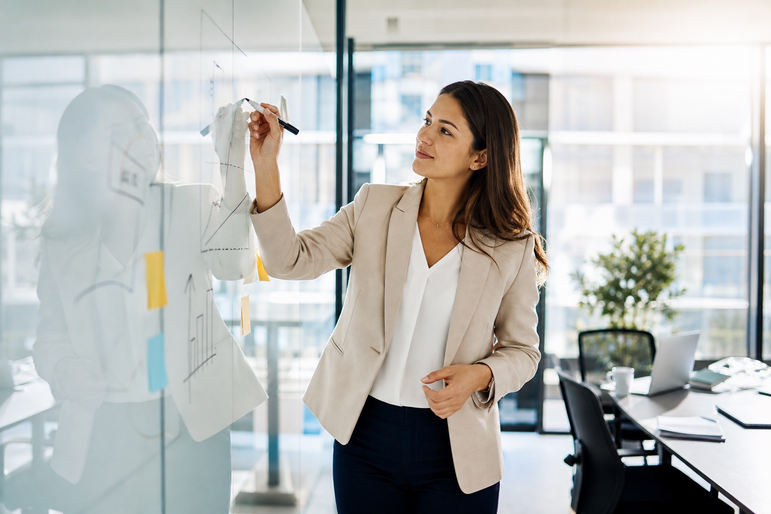 Business specialist planning growth on a glass board